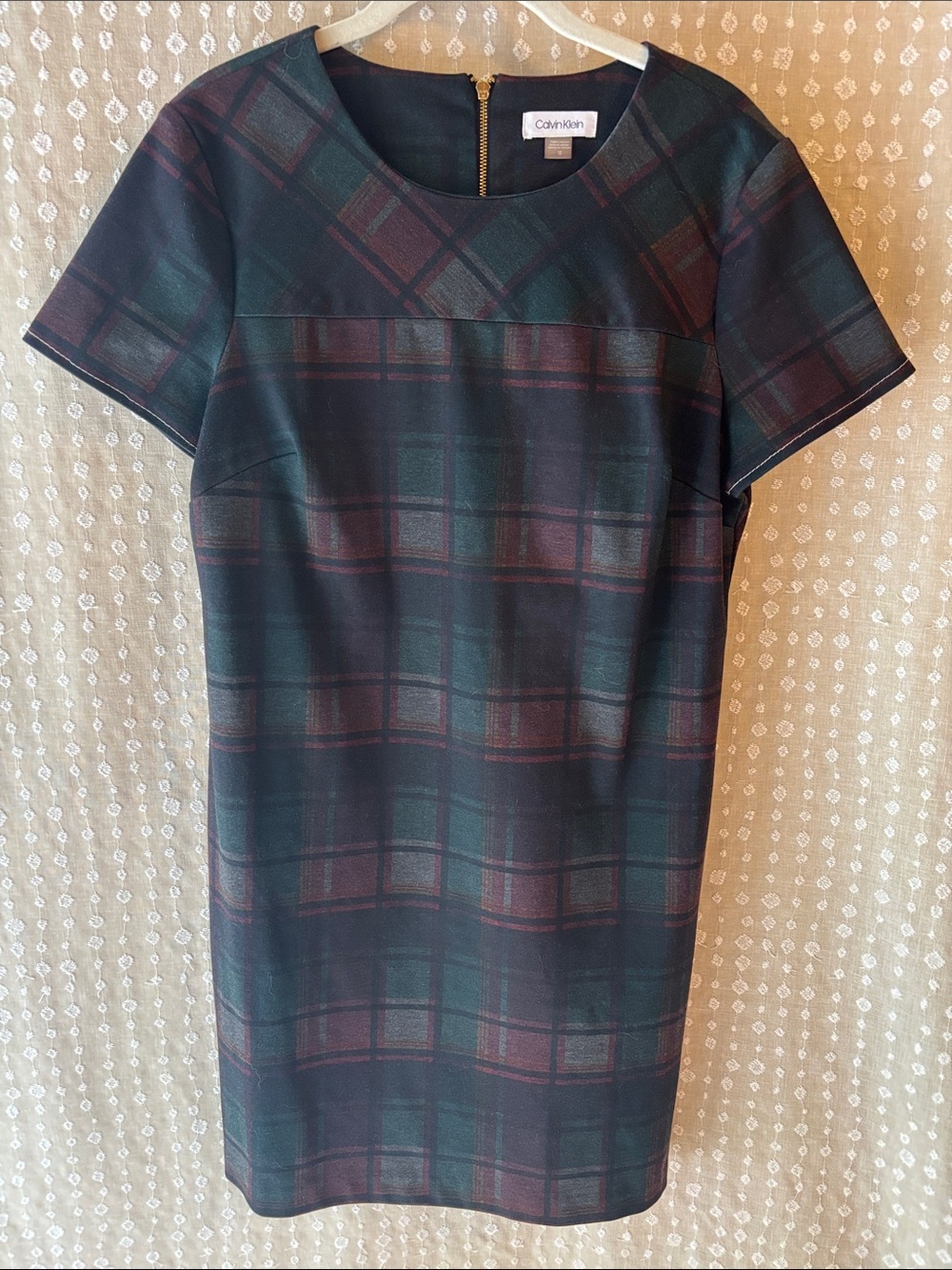 Calvin Klein Green and Burgundy Plaid Short Sleeve Shift Dress
